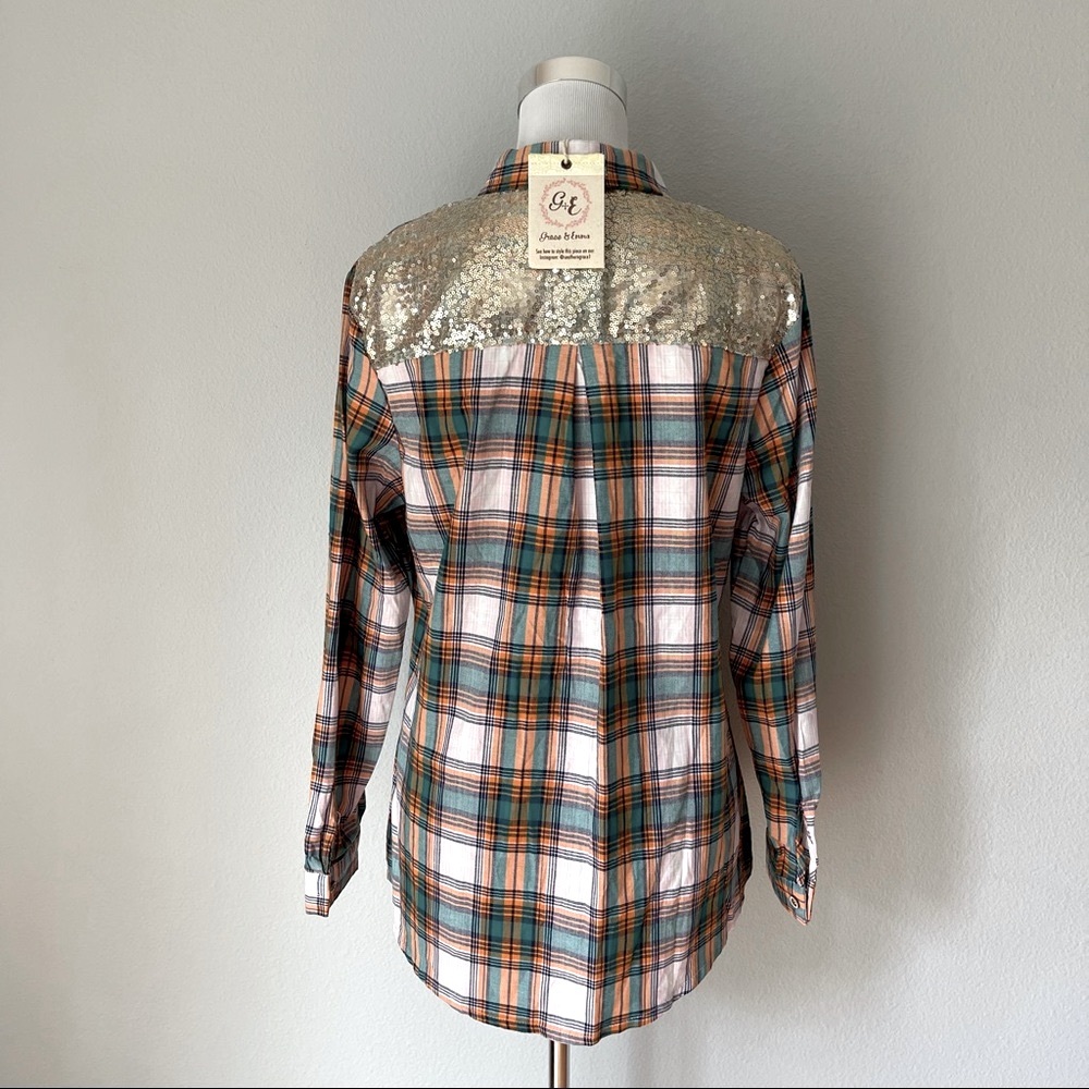 Grace & Emma Cowgirl Rodeo Cowgirl Plaid Button Down Shirt Sequin Back Size M
